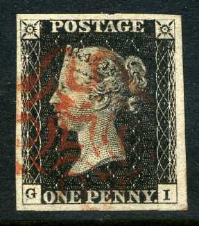 1840 1d Black plate 6 lettered GI. A superb used four margined example with lovely red MC.