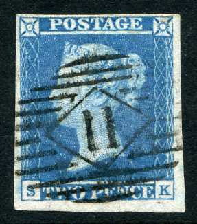 1841 2d Pale blue plate 3 lettered SK. A very fine used four margined example with crisp numeral cancel.