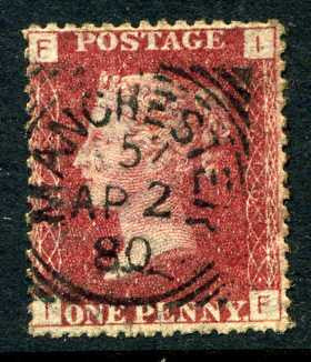 1858-79 1d Rose-red plate 218 lettered IF. A fine used example with "Manchester" squared circle dated 2nd April, 1880.
