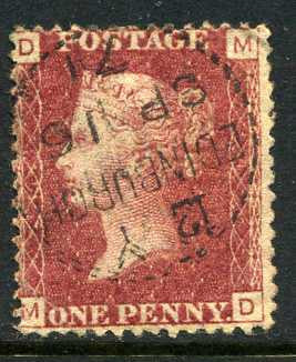 1858-79 1d Rose-red plate 143 lettered MD. A very fine used example with &quot;Edinburgh&quot; dotted circle dated 16th September, 1871. Scarce!