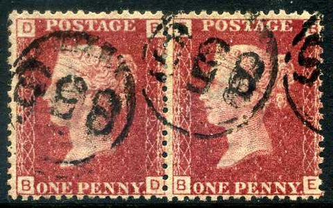 1858-79 1d Rose-red plate 120 lettered BD-BE. A very fine used pair each with 855 in circle cancels.