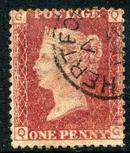 1858-79 1d Rose-red plate 111 lettered QG. A very fine CDS used example with clear profile.