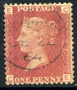 1858-79 1d Rose-red plate 84 lettered CE. A very fine CDS used example dated 22nd December, 1864.