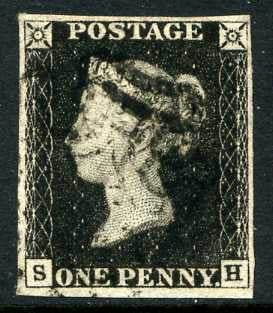 1840 1d Black plate 4 lettered SH. A very fine used four margined example with clean black MC.