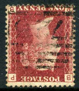 1858-79 1d Rose-red plate 74 watermark inverted lettered PB. A fine used lightly cancelled example.