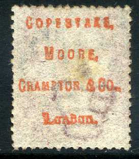 1858-79 1d Rose-red plate 107 lettered JE. A fine used example underprinted &quot;Copestake, Moore, Crampton & Co., London&quot; in red.