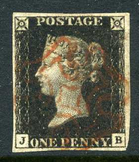 1840 1d Black plate 8 lettered JB. A very fine used four margined example with red MC.