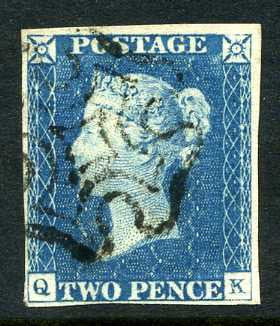 1840 2d Pale blue plate 1 lettered QK. A very fine used four margined example with black MC.