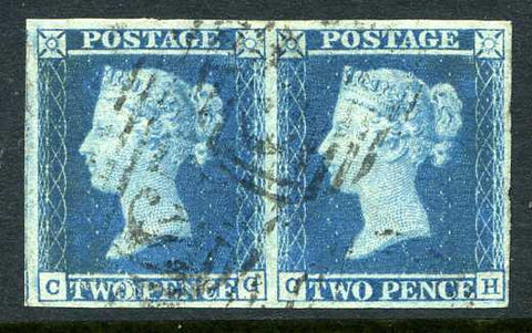1841 2d Blue plate 3 lettered CG-CH. A very fine used four margined pair with light numeral cancels.