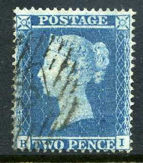 1854 2d Pale blue plate 4 small crown perf 16 lettered HI. A very fine used example with light No 8 numeral cancel.