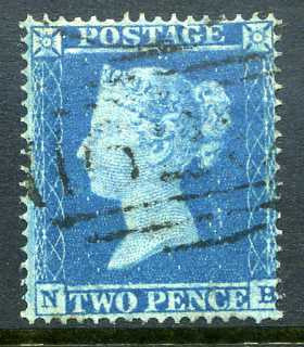 1855 2d Blue plate 5 large crown perf 16 lettered NH. A very fine used example well centred with light numeral cancel.
