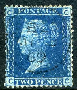 1858 2d Blue plate 12 lettered CC. A very fine CDS used example dated 3rd May, 1869.4th May, 1859.