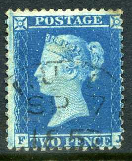 1857 2d Blue plate 6 large crow perf 14 lettered FJ. A superb CDS used example dated 7th September, 1857.