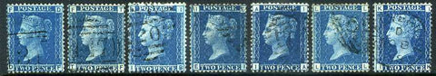 1858-69 2d Blue plate numbers 7 - 15. A fine used complete set of seven plates well centred with clear numbers.